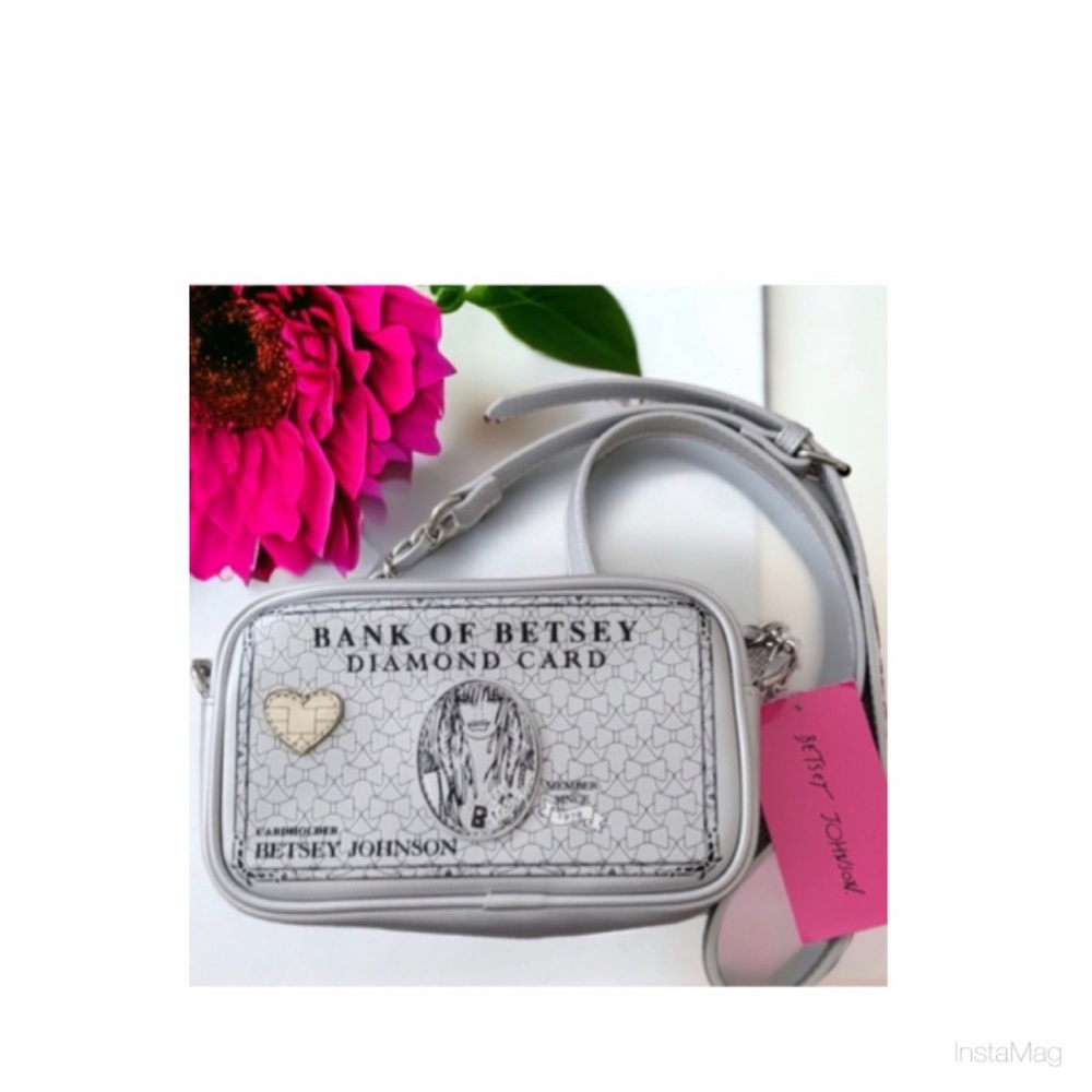 NEW Betsey Johnson Silver & Black Bank of Betsey Diamond Card Crossbody Bag